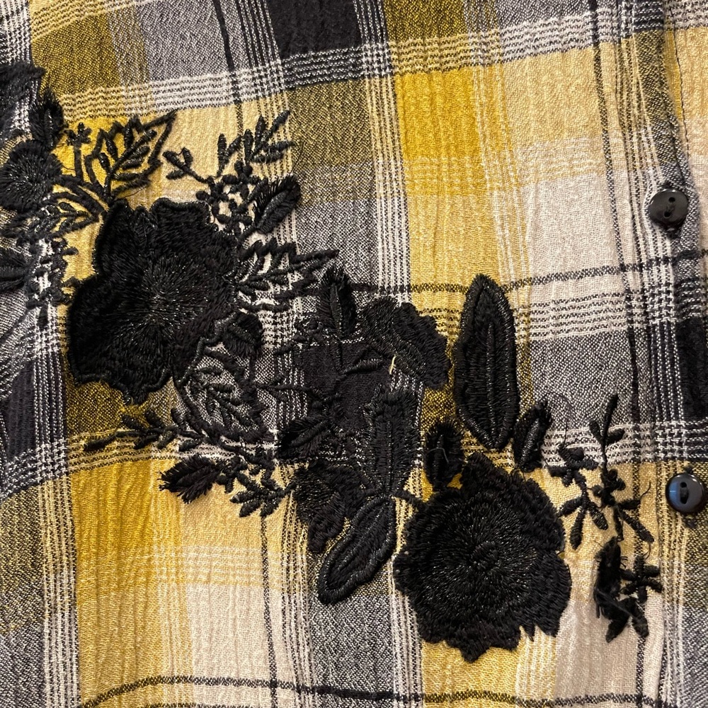 🔥 Maeve Plaid Embroidered Button Down Shirt XS/S – Yellow Black Hi-Low Tunic Top - Picture 3 of 12